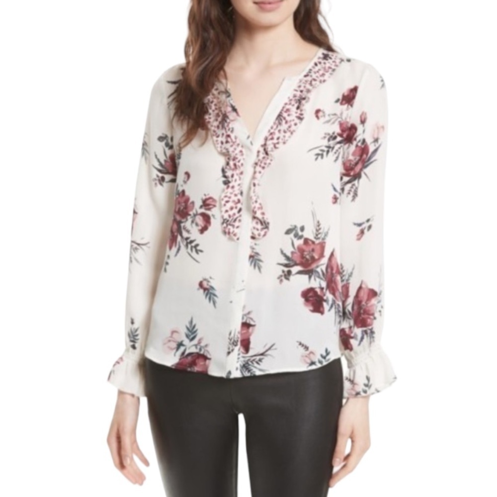 Joie Jayann Silk Ruffle Front Floral Blouse Women’s Size Small